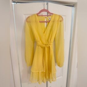 NWT Japna Pastel Yellow long-sleeve ruffle chiffon mini dress, size S